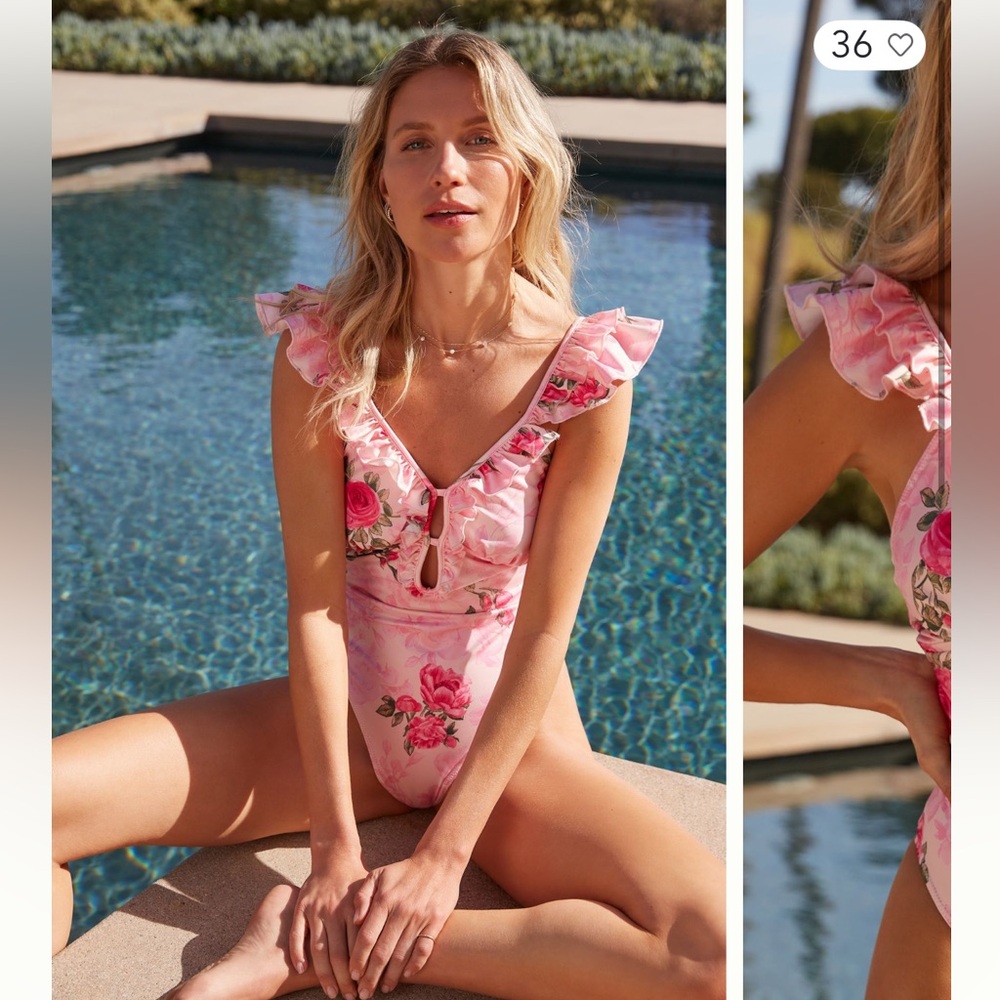 LoveShackFancy Pink Floral Tibbie One Piece Swimsuit Bathing Suit